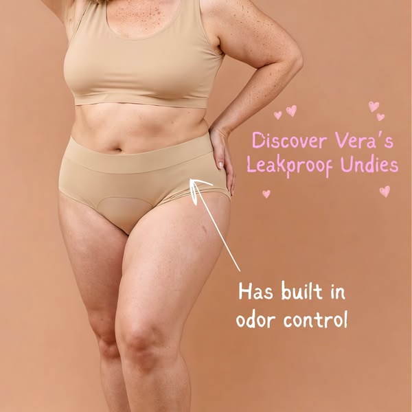 A clean, studio-lit photo of a model wearing leakproof undies with an arrow pointing to the functional zone and supporting benefit text.